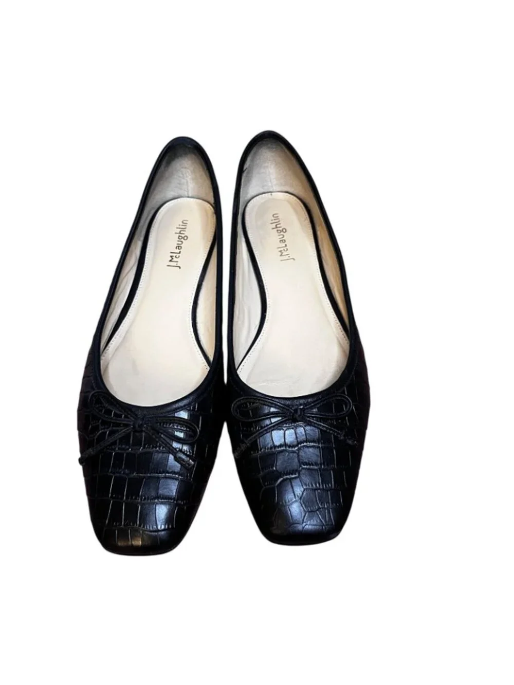 J McLaughlin Shoes Womens Size 9.5 Black Croc Leather Ballet Flats Bow Sq Toe
